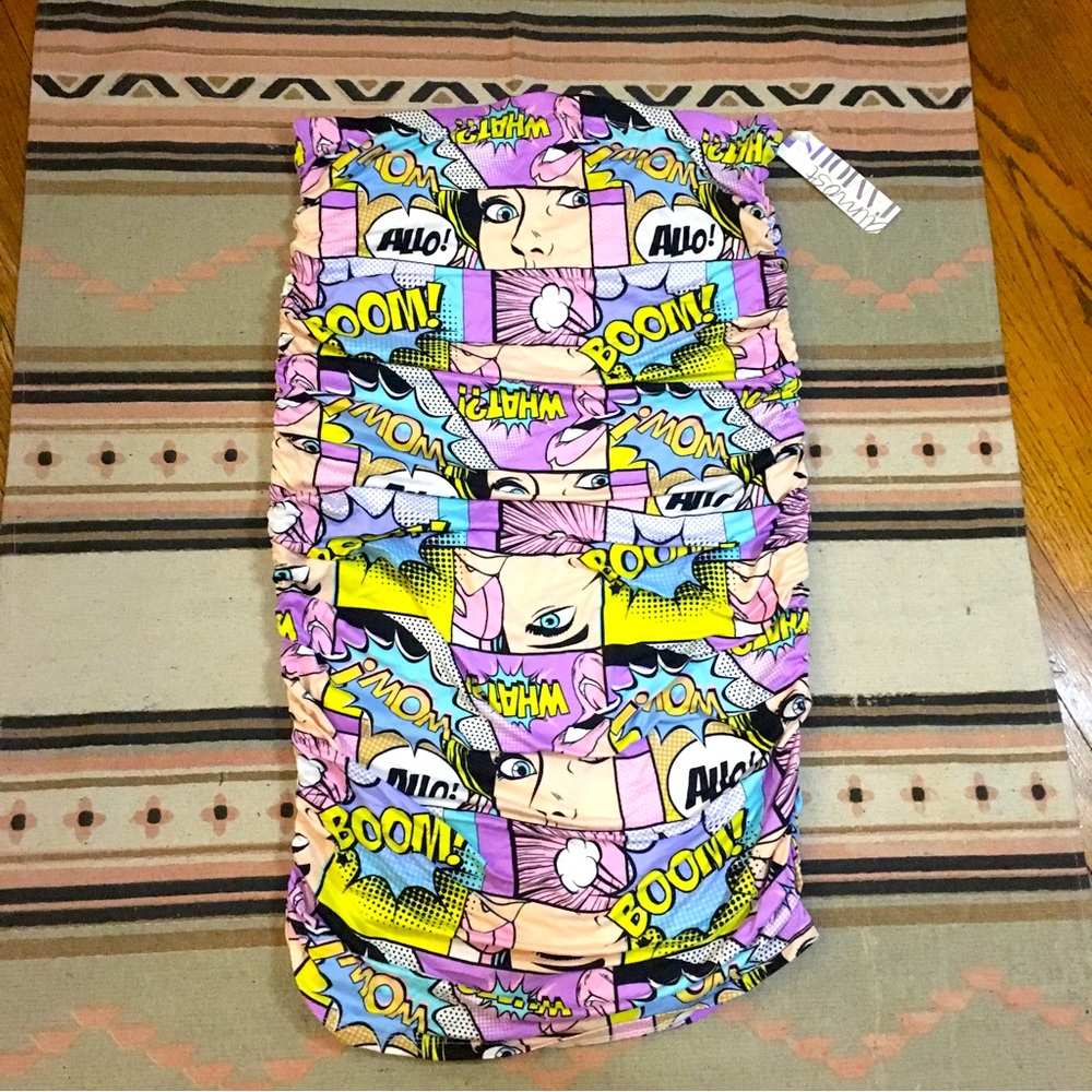 Almost famous 3X skirt purple pink comic print ruched on the back nwt